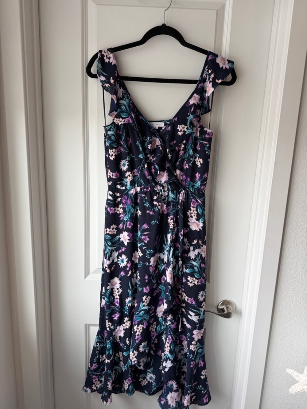Socialite Navy Floral Midi Dress with Pink and Teal Accents